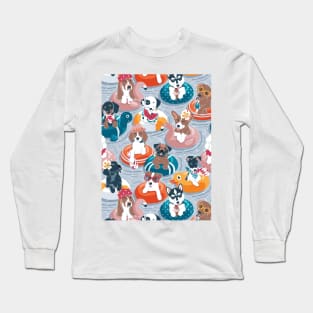 Summer pool pawty // pastel blue background dog breeds in vacations playing on swimming pool floats Long Sleeve T-Shirt